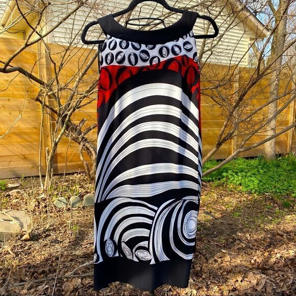 RED, BLACK & WHITE GEOMETRICAL SLEEVELESS SHEATH DRESS 14/16 NWOT - Picture 1 of 17